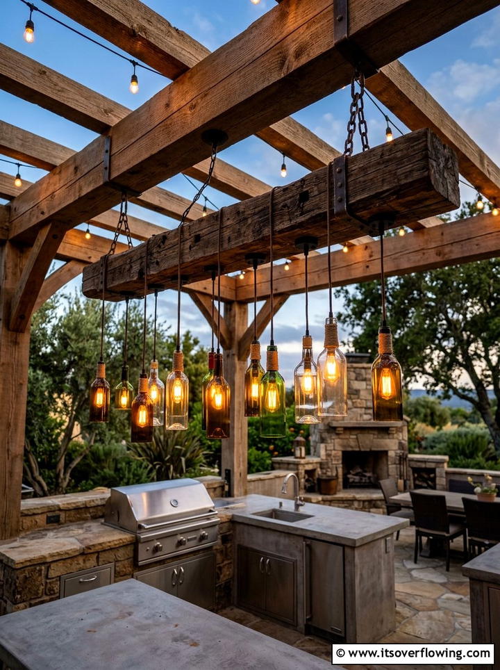 Rustic Wood Beam Bottle Light - 25 garden ideas with bottle lights