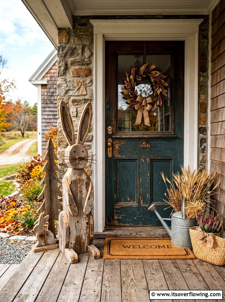 Rustic Wood Bunny Statue - 25 front porch decor ideas for easter