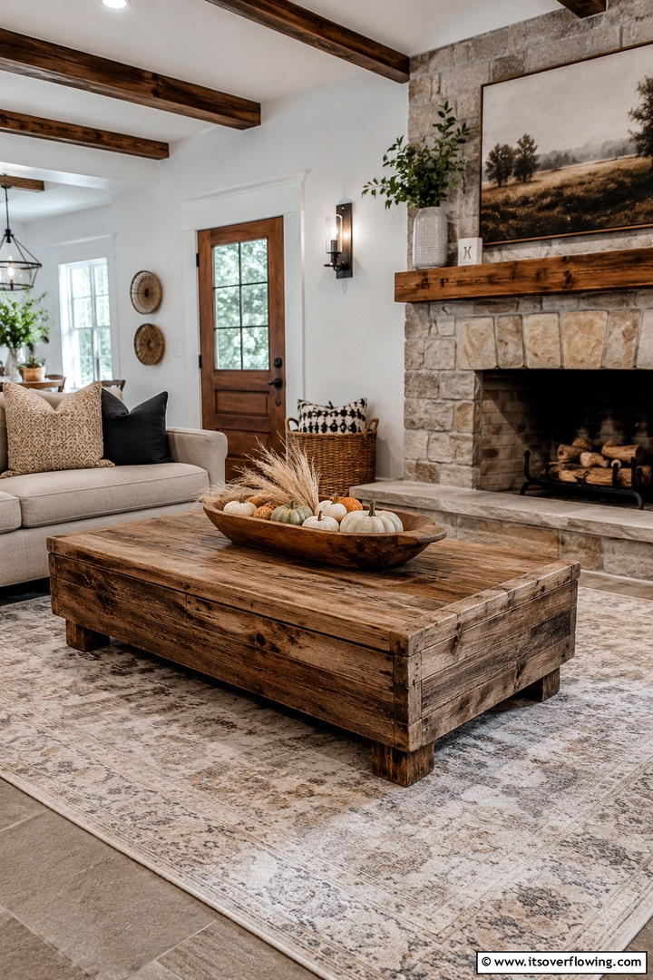 Rustic Wood Coffee Table - 50 Living Room Fall Decor Ideas for Cozy Autumn Updates