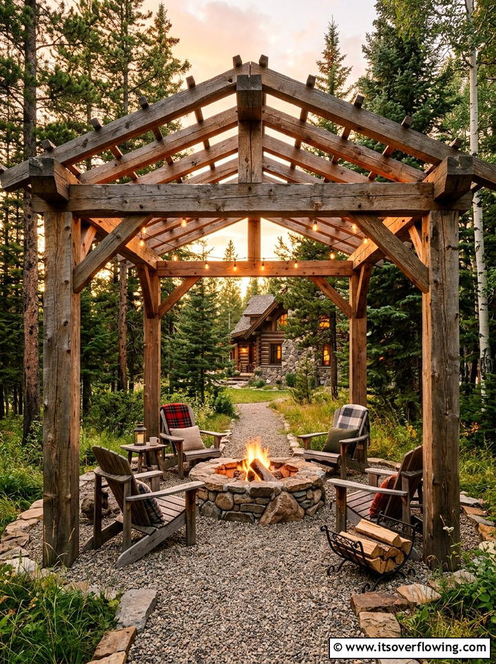 Rustic Wood Pergola Fire Pit - 25 backyard ideas with pergola and fire pit