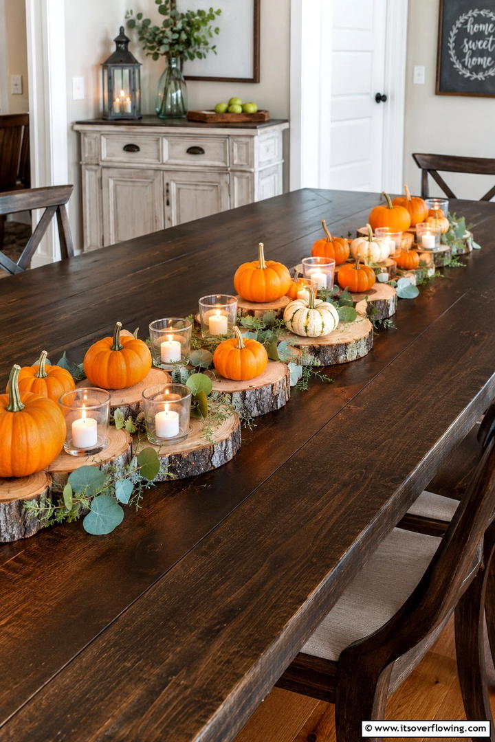 Rustic Wood Slice and Pumpkin Table Runner - 50 Fall Pumpkin Decor Ideas for Cozy Autumn Homes Today