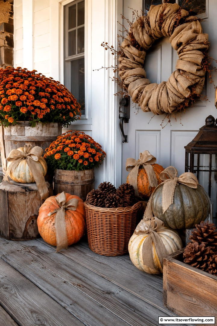 Rustic Wood and Burlap Textures - 50 Modern Fall Porch Decor Ideas Roundup- Warm Welcomes