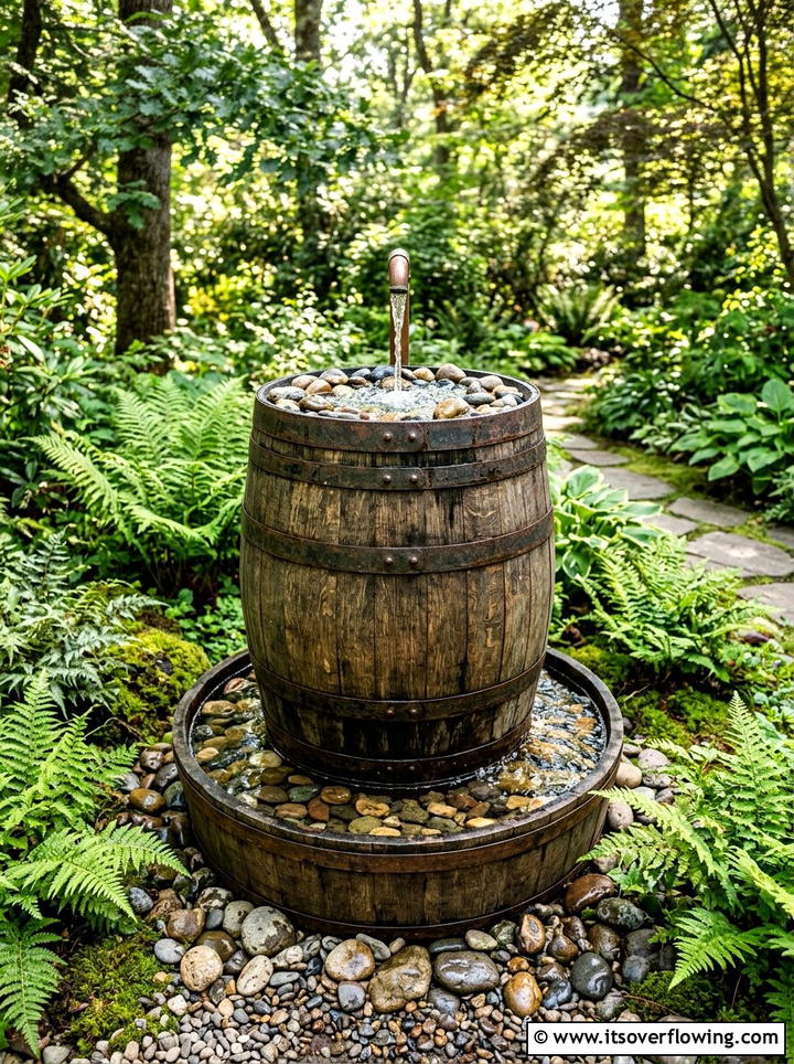 Rustic Wooden Barrel Fountain - 25 upcycled garden ideas with coastal style
