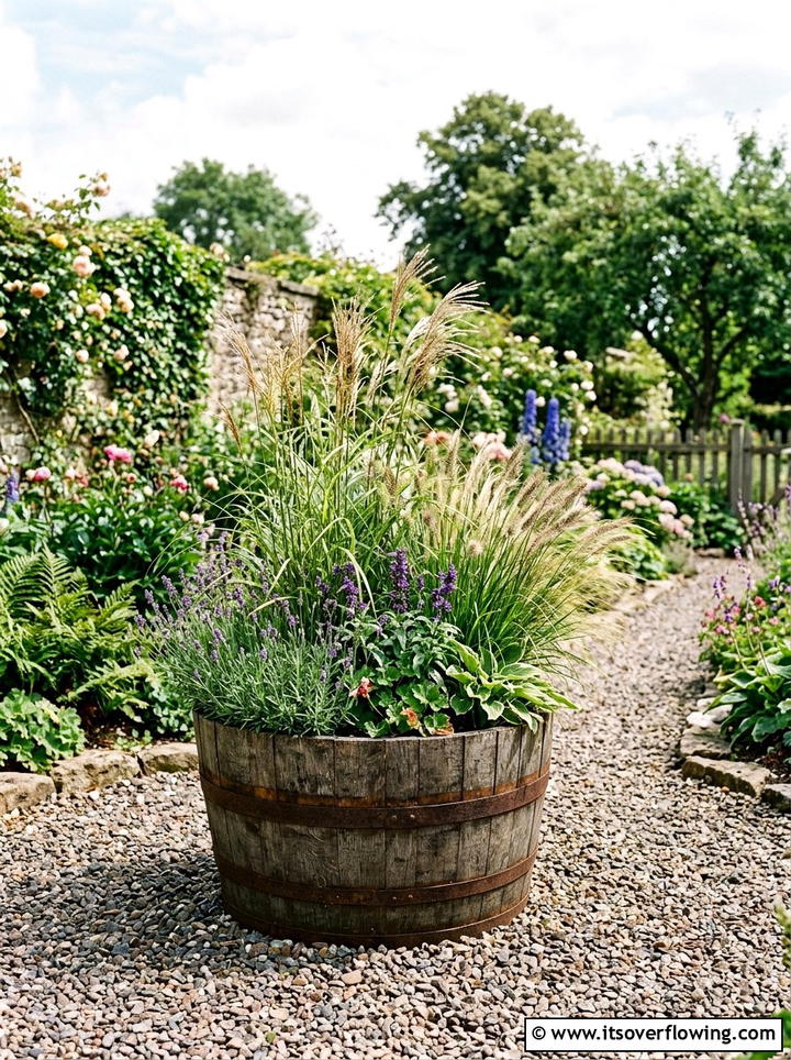 Rustic Wooden Barrel Garden - 25 recycled garden ideas with gutter garden