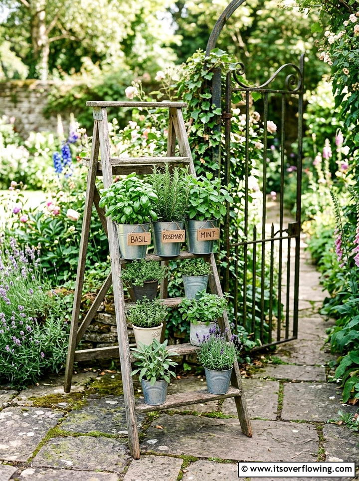 Rustic Wooden Herb Stand - 25 garden ideas with old ladders