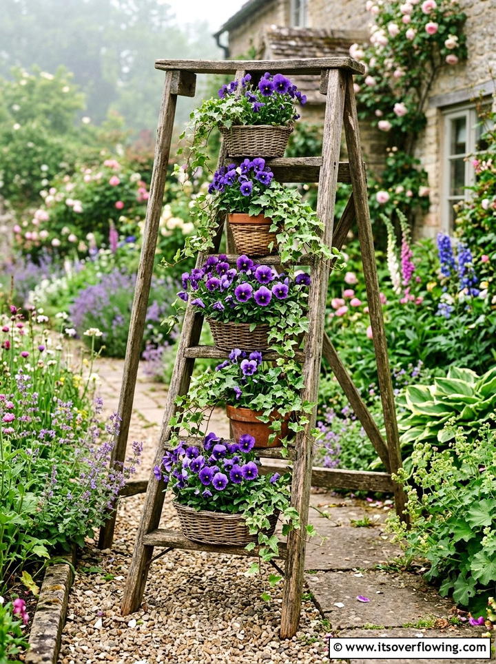 Rustic Wooden Ladder Flower Display - 25 garden decor ideas with hanging baskets