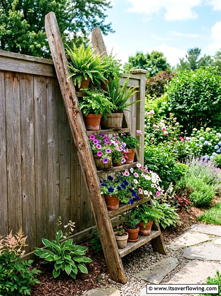 Rustic Wooden Ladder Planter - 25 backyard ideas with old ladder planter