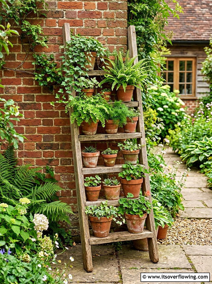 Rustic Wooden Plant Ladder - 25 garden decor ideas with ladder plant stands