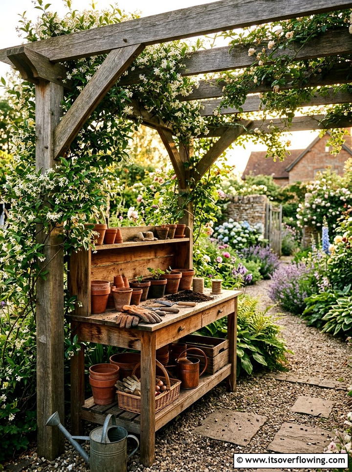 Rustic Wooden Potting Bench Under Pergola - 25 backyard ideas with potting station