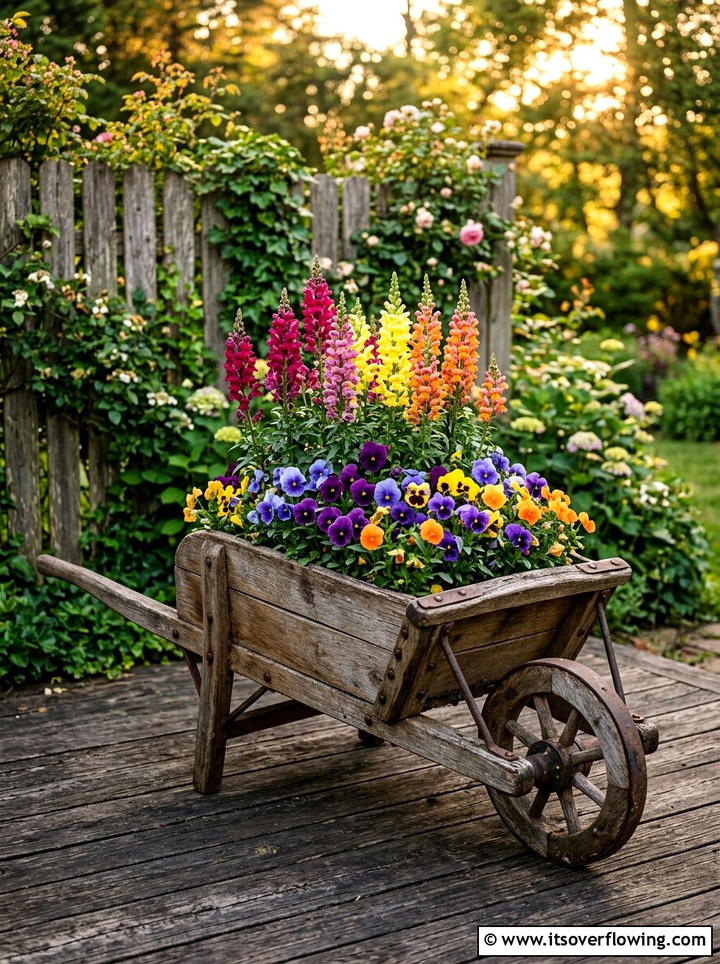 Rustic Wooden Wheelbarrow - 25 garden decor ideas with wheelbarrows