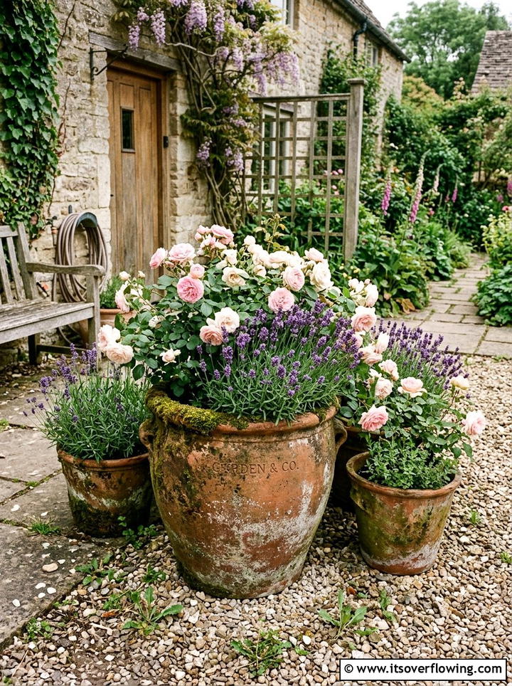 Rustic aged terracotta pots - 25 front porch ideas with terracotta pots