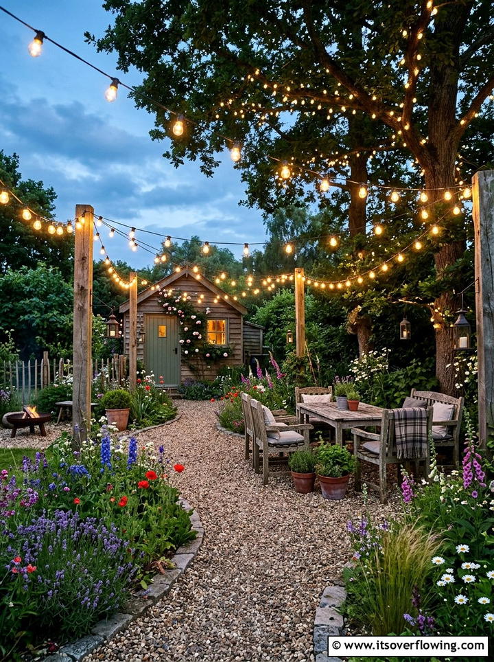 Rustic backyard with overhead fairy lights - 25 creative garden ideas with fairy light pathways