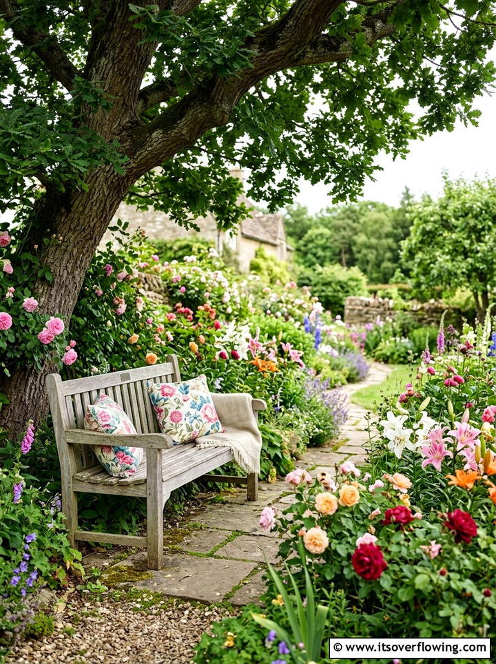 Rustic bench - 25 garden decor ideas for cottage gardens