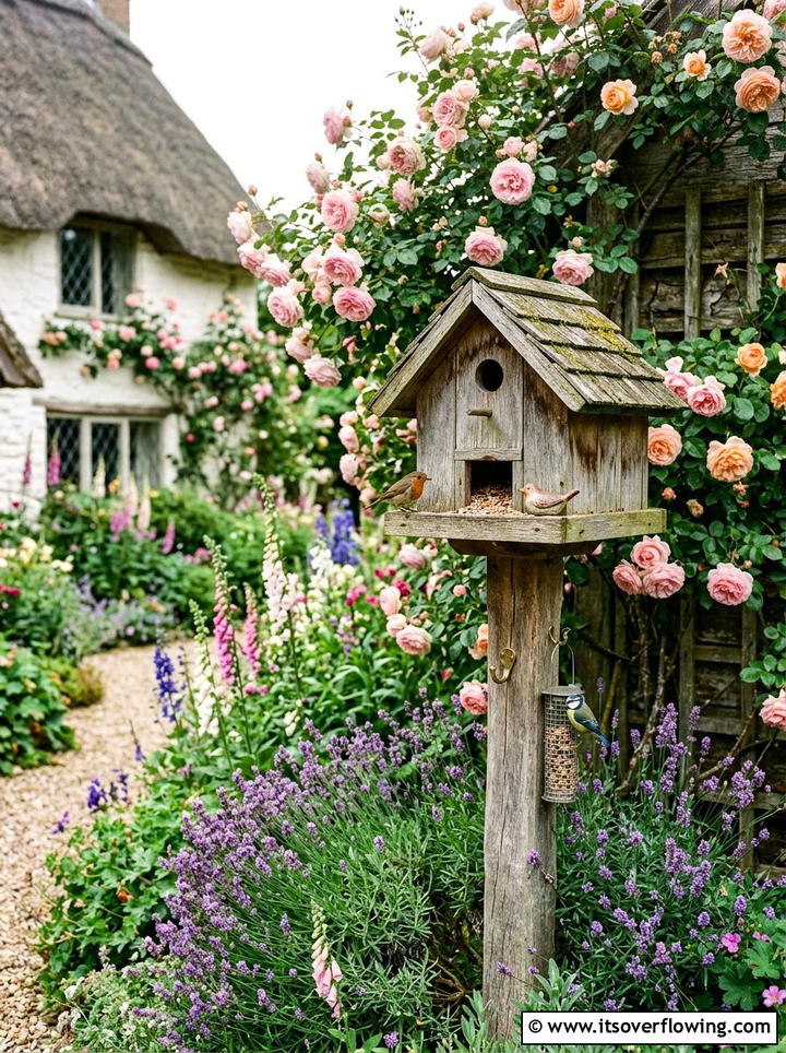 Rustic birdhouse feeder in cottage garden - 25 garden ideas with bird feeders