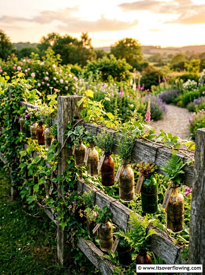 Rustic bottle garden on fence - 25 creative garden ideas with hanging bottle planters