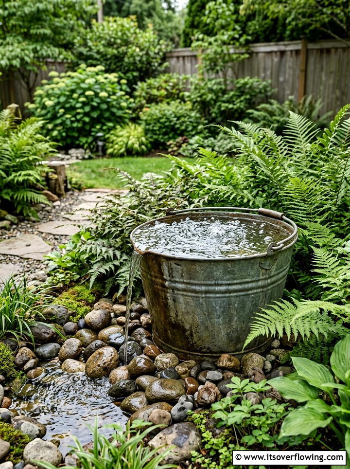 Rustic bucket water feature - 25 upcycled garden ideas with old buckets