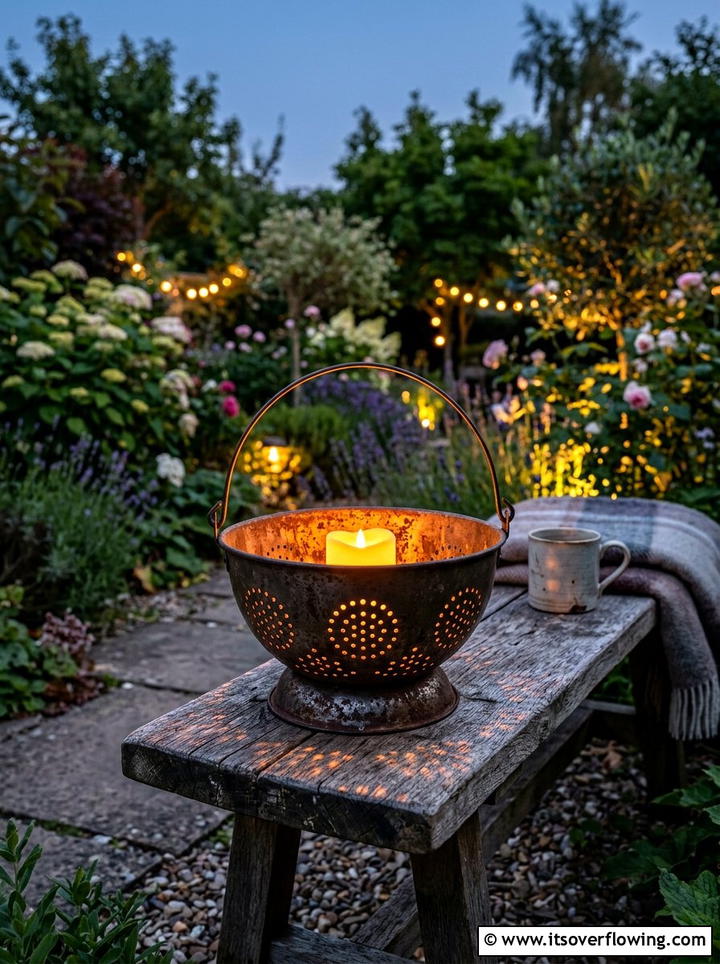 Rustic colander garden lantern - 25 recycled garden ideas with old colanders