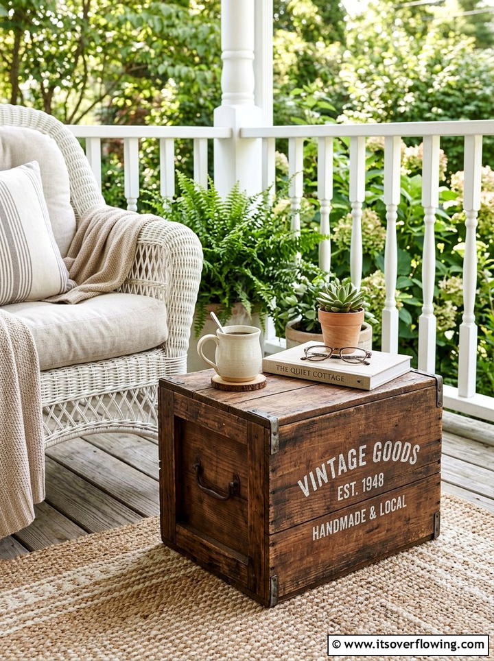 Rustic crate side table - 25 front porch decor ideas with vintage crates