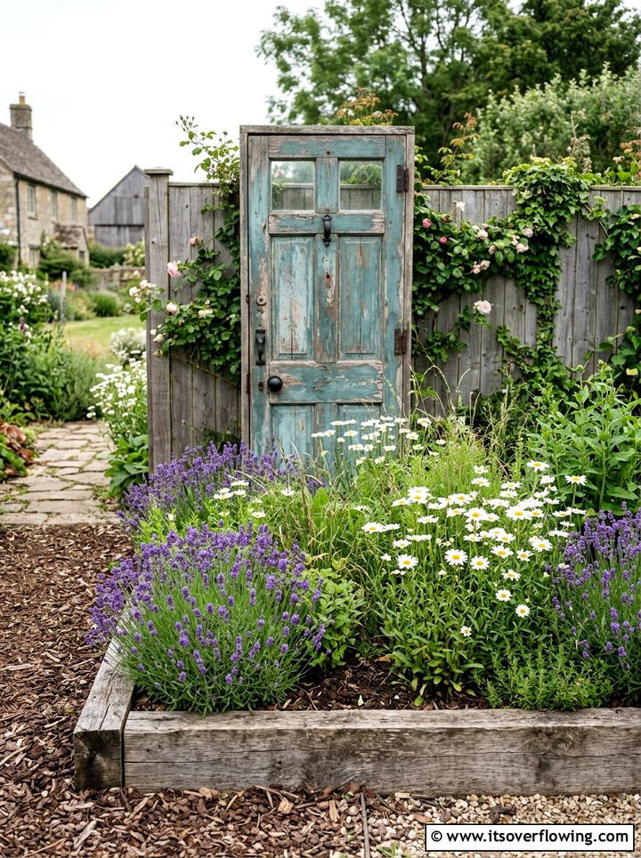 Rustic door headboard for garden bed - 25 garden decor ideas with old doors