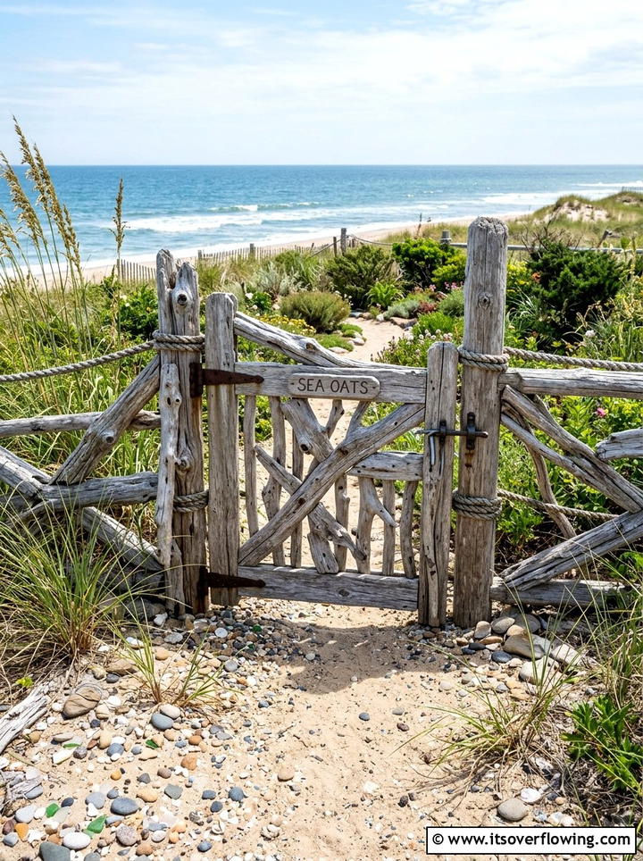 Rustic driftwood gate for coastal garden - 25 garden decor ideas with gate decorations