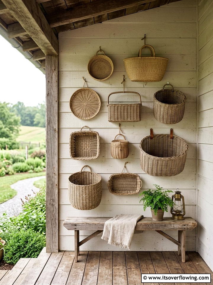 Rustic farmhouse basket wall - 25 front porch decor ideas with baskets