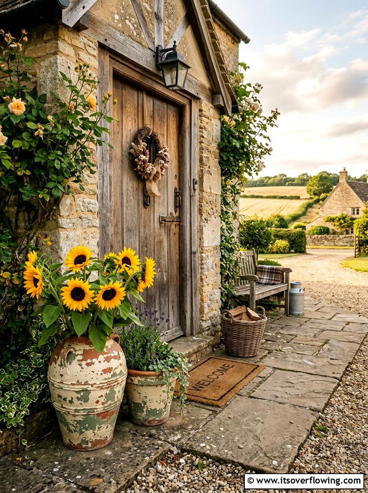 Rustic farmhouse entryway with distressed pots - 25 creative garden ideas with painted planters