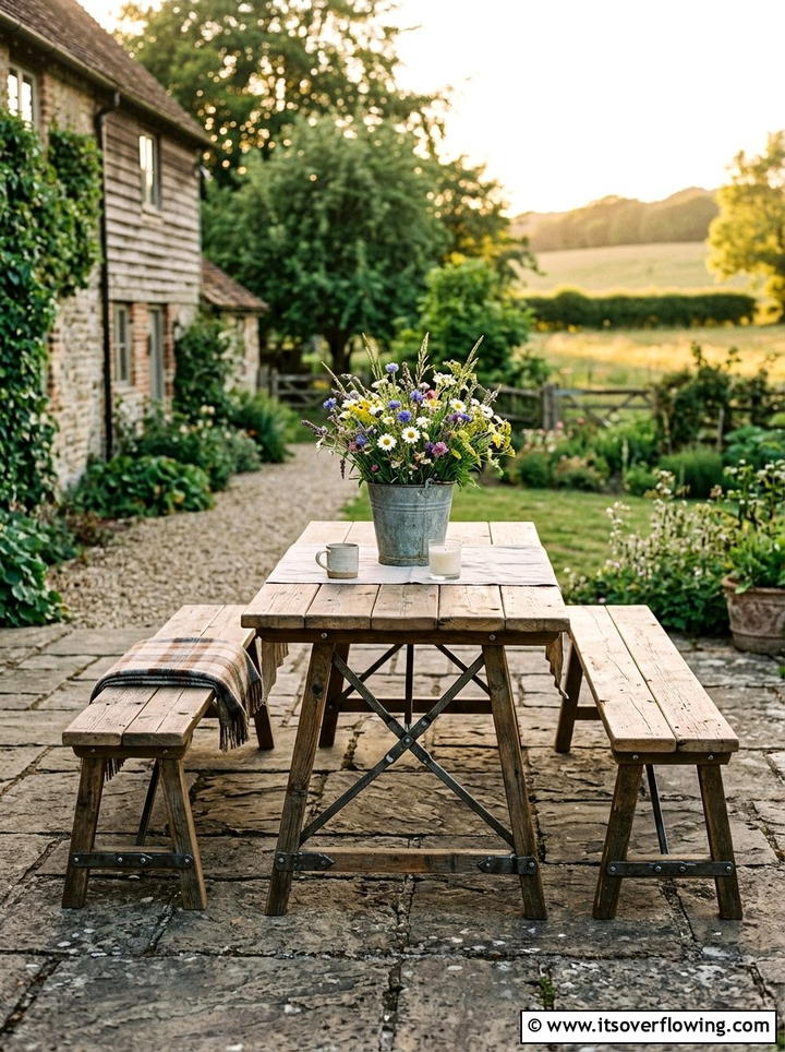 Rustic farmhouse folding table - 25 small garden ideas with foldable seating