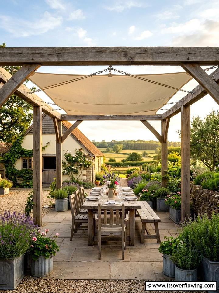 Rustic farmhouse shade sail - 25 backyard decorating ideas with shade sail