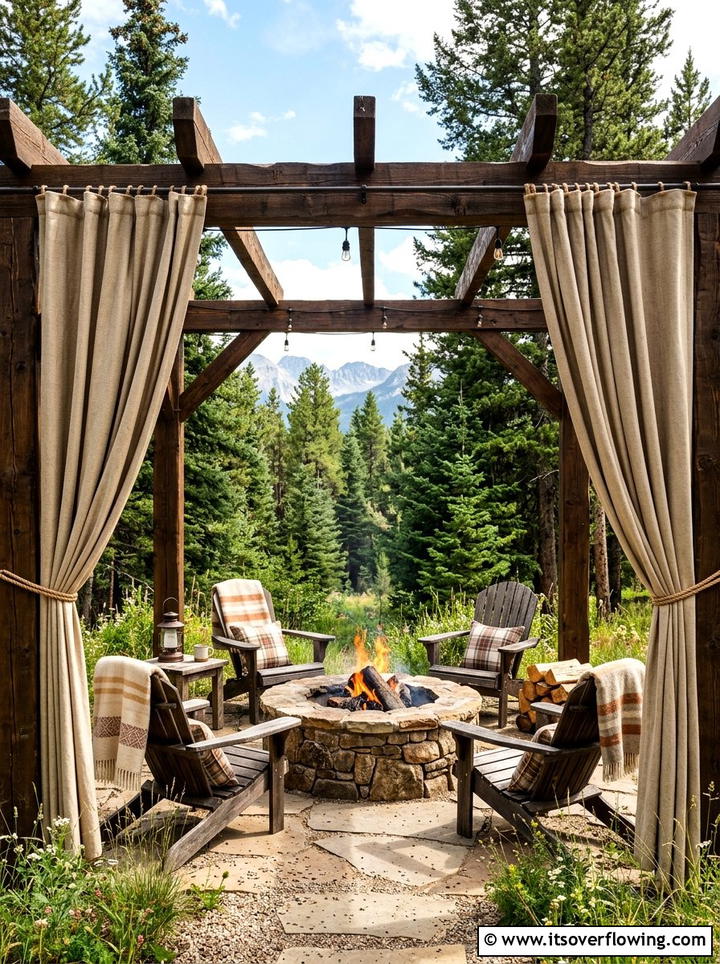 Rustic fire pit area with beige curtains - 25 backyard decorating ideas with outdoor curtains