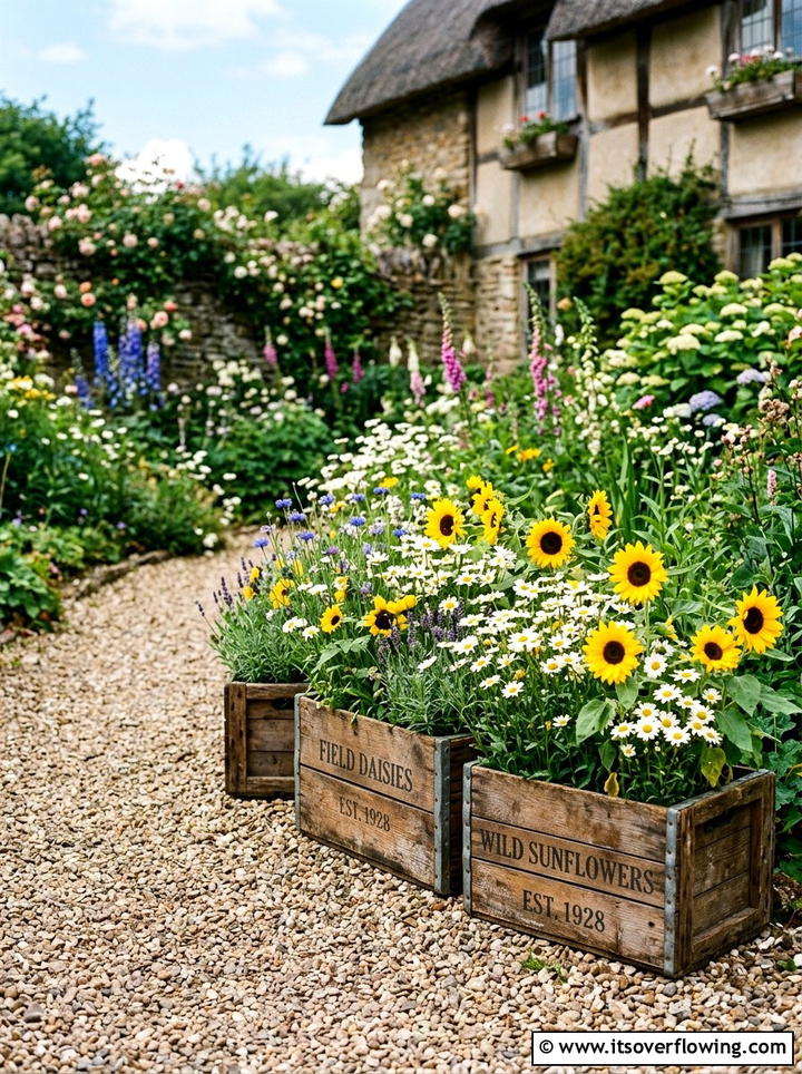 Rustic flower crate garden - 25 backyard ideas with crate planters