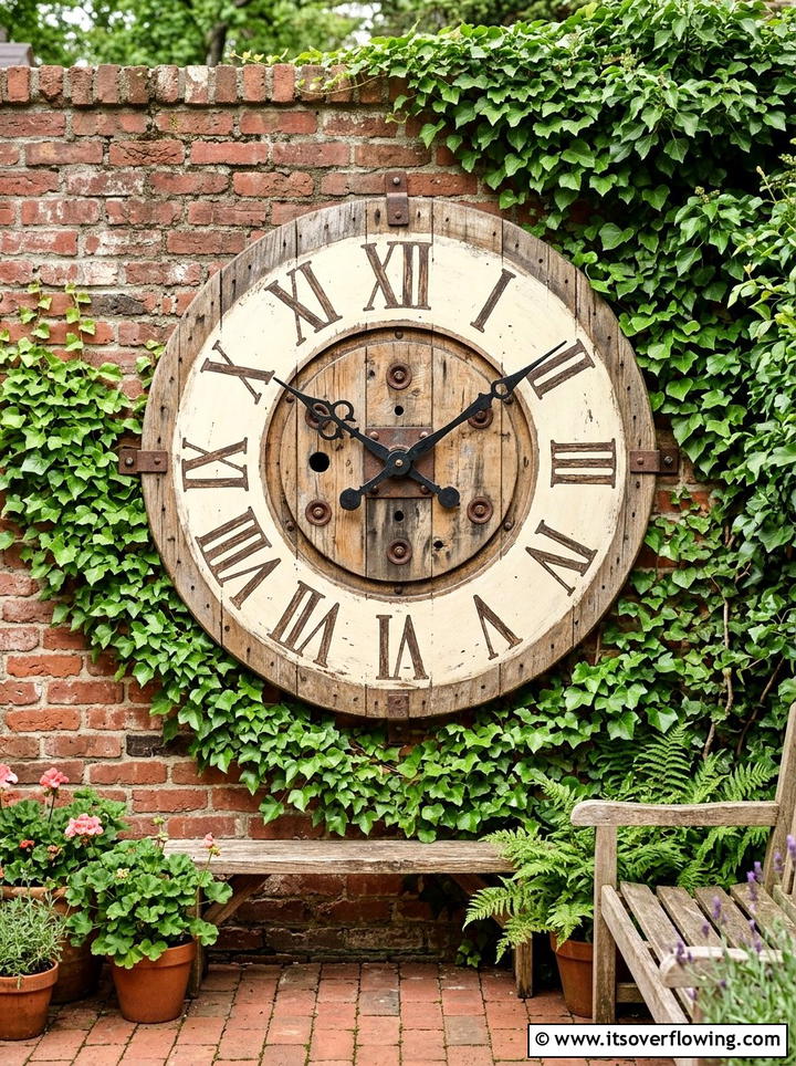 Rustic garden clock - 25 recycled garden ideas with cable spools