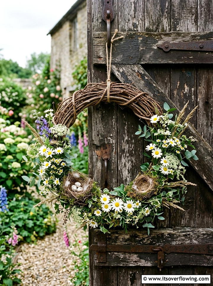 Rustic grapevine floral hoop - 25 garden decor ideas with floral hoops