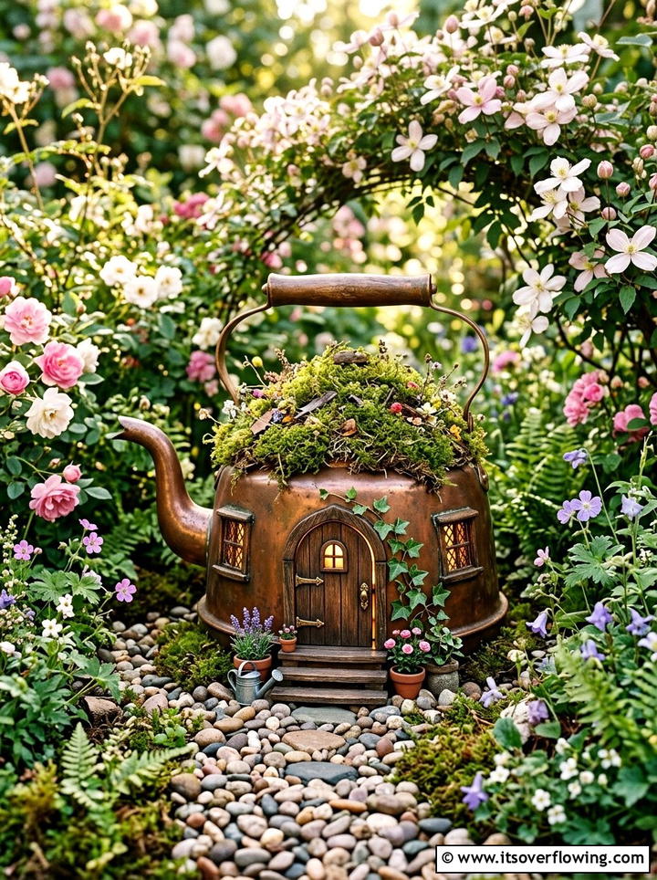 Rustic kettle fairy house - 25 upcycled garden ideas with old kettles