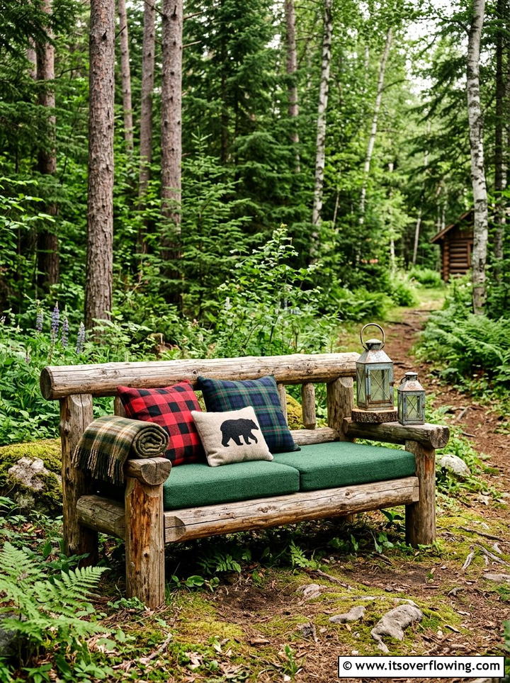 Rustic log bench - 25 front porch decor ideas with cushions