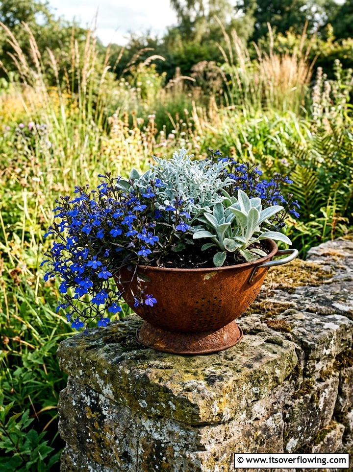 Rustic metal colander - 25 upcycled garden ideas with old colanders
