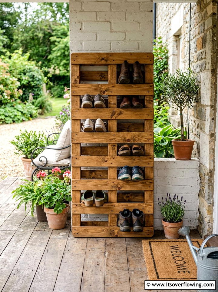 Rustic pallet shoe holder - 25 front porch ideas with shoe storage
