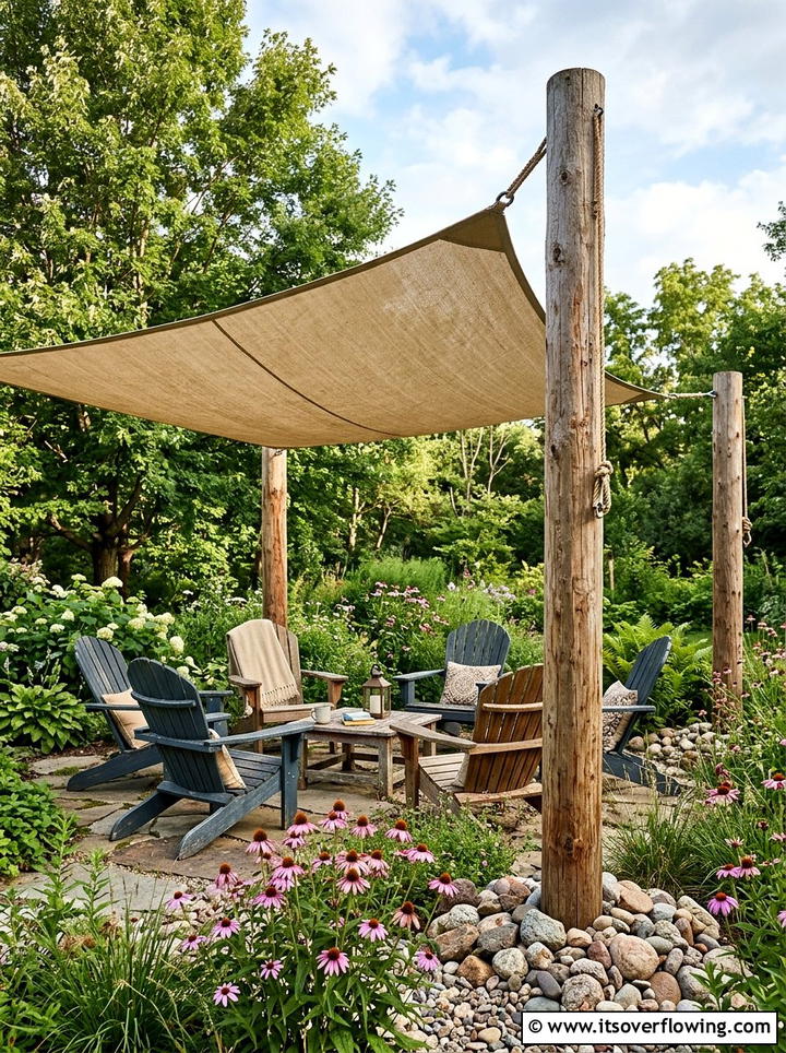 Rustic shade sail with wood posts - 25 garden decor ideas with shade sails
