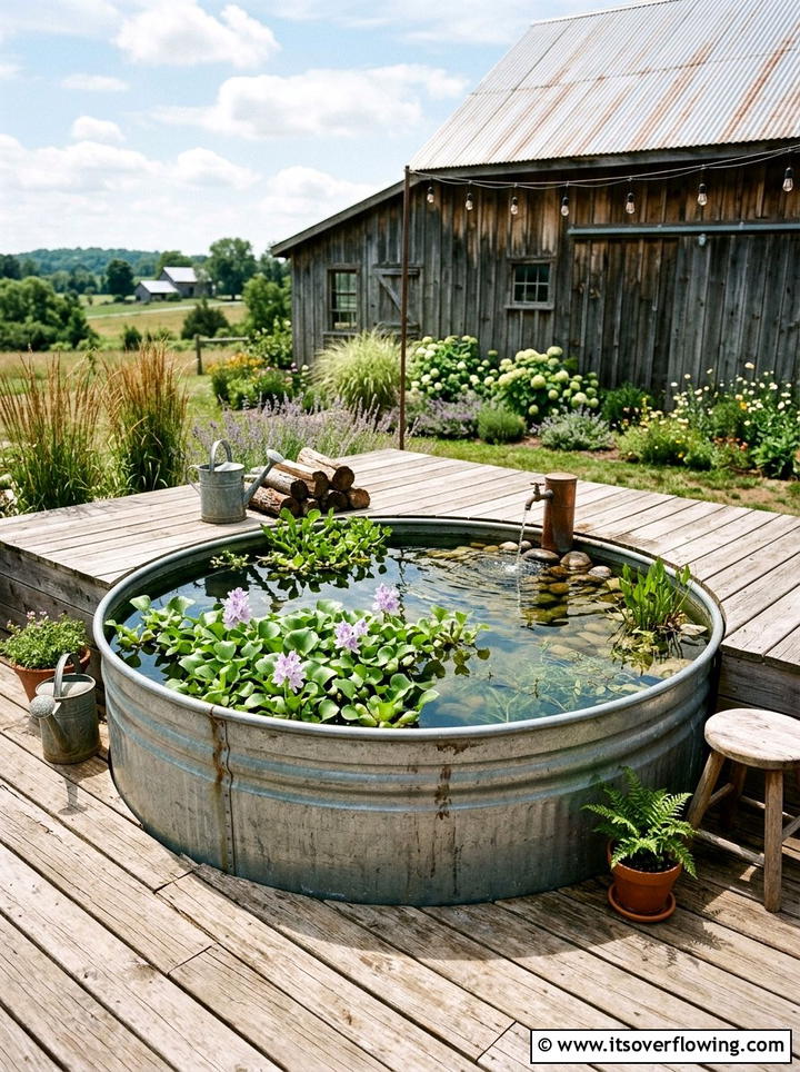 Rustic stock tank pond - 25 backyard ideas with water feature