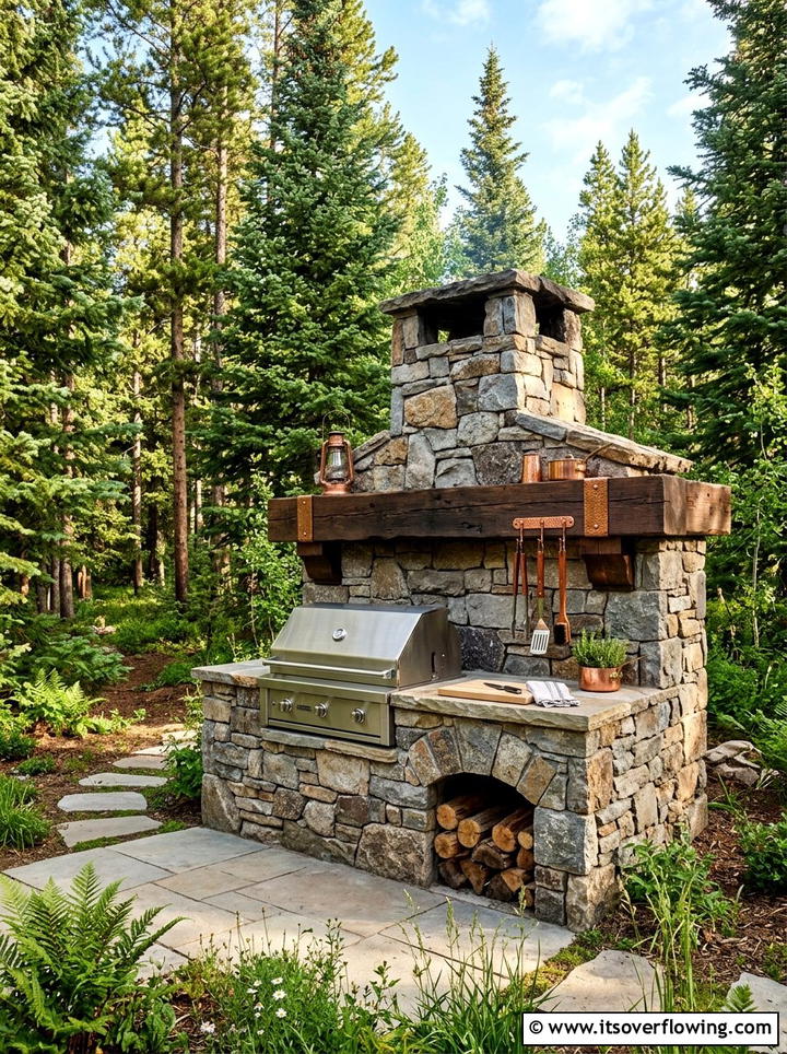 Rustic stone grill station - 25 backyard ideas with outdoor kitchen