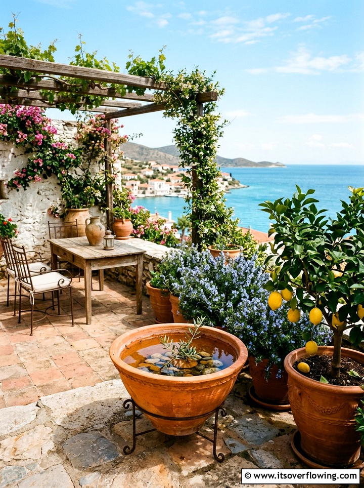 Rustic terracotta water bowl - 25 garden decor ideas with water bowls