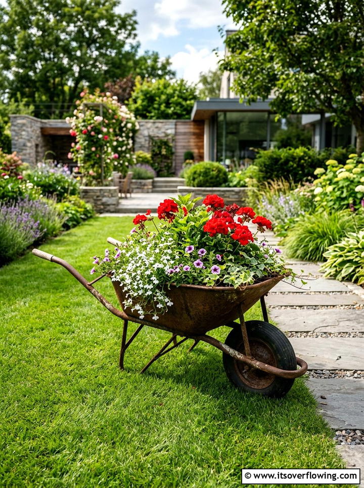 Rustic wheelbarrow flower display - 25 reusing old things ideas for modern garden look