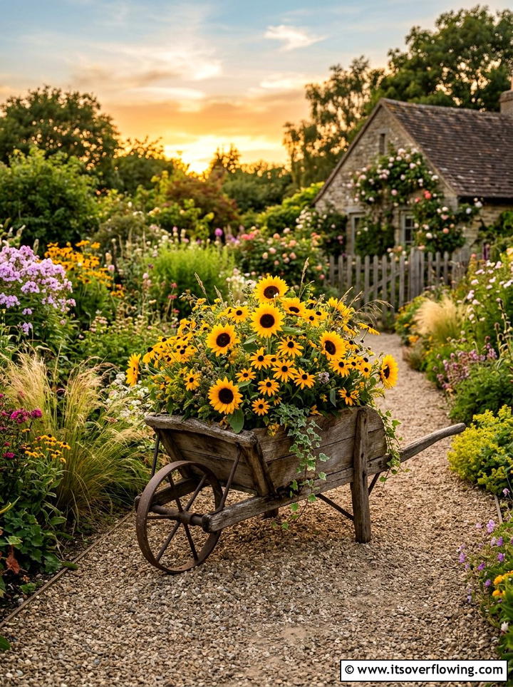 Rustic wheelbarrow flower display - 25 creative garden ideas with unusual planters