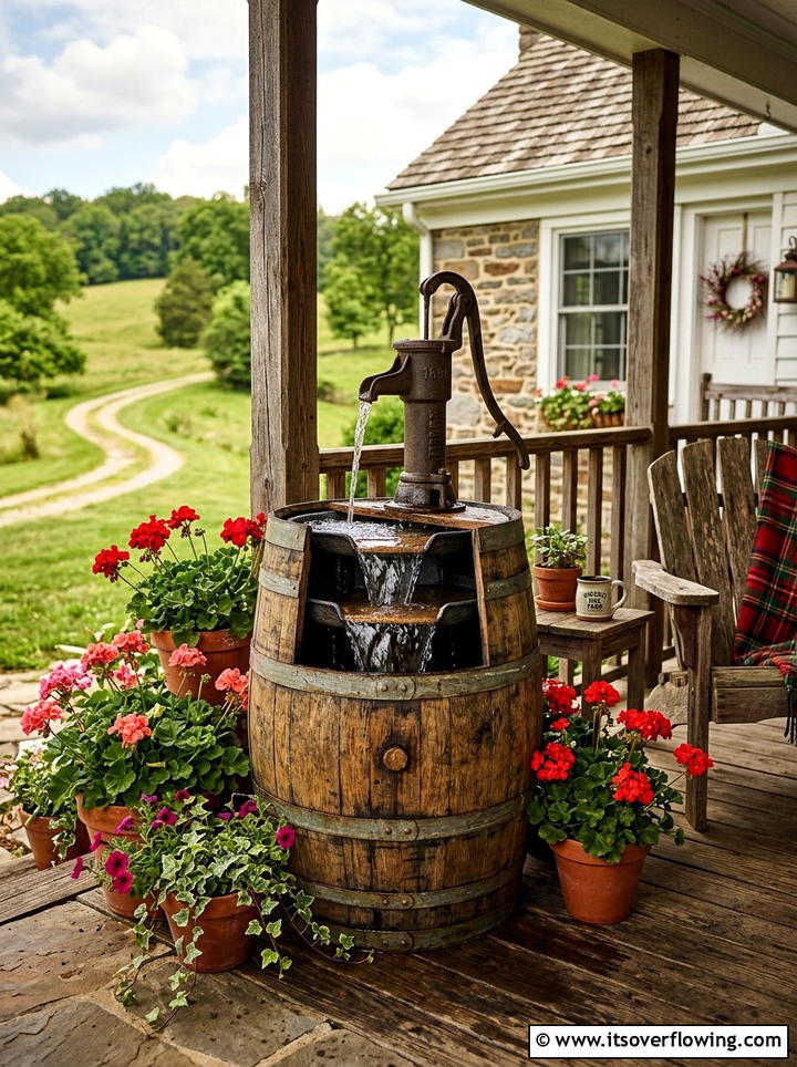 Rustic whiskey barrel fountain - 25 garden ideas with fountain