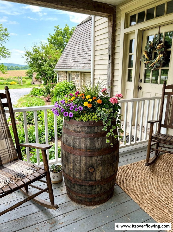 Rustic whiskey barrel porch - 25 front porch ideas with barrel planters