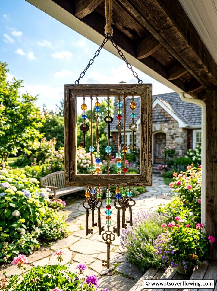 Rustic window wind chime - 25 front porch ideas with repurposed windows