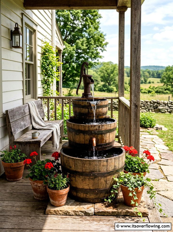 Rustic wood barrel fountain - 25 garden decor ideas with tabletop fountains