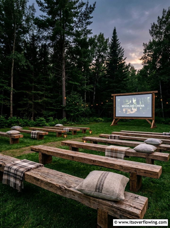 Rustic wood bench seating - 25 backyard ideas with outdoor movie setup