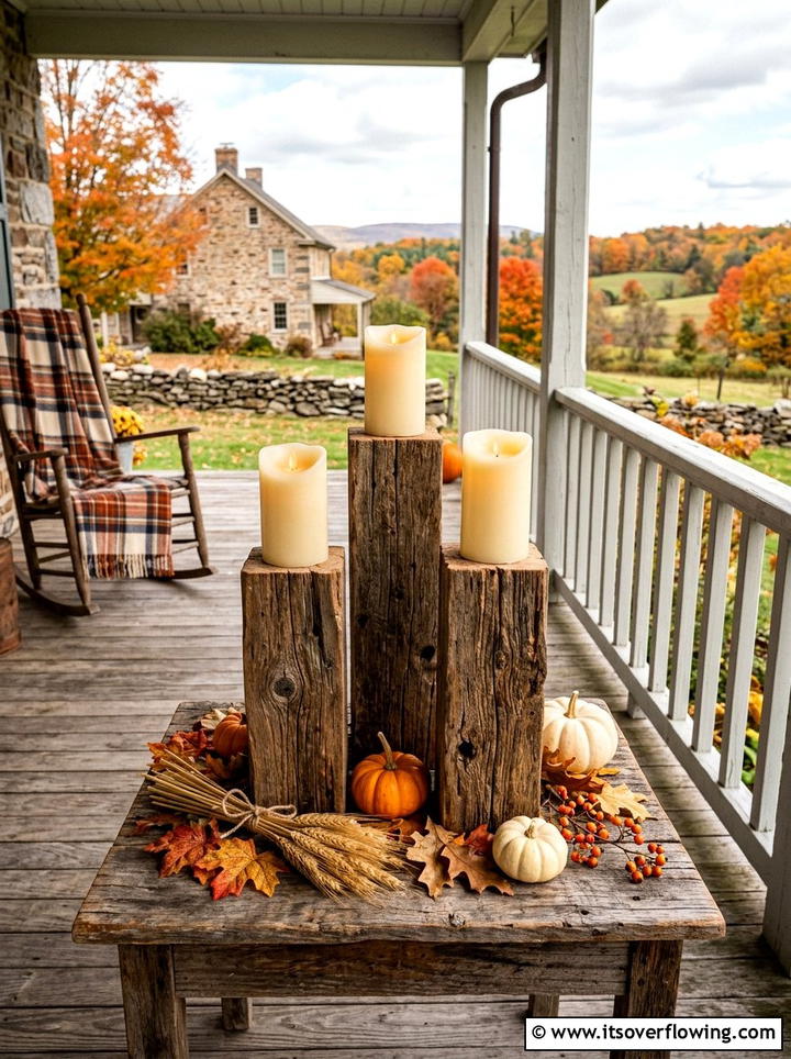 Rustic wood candle pedestals - 25 front porch decor ideas with candle holders