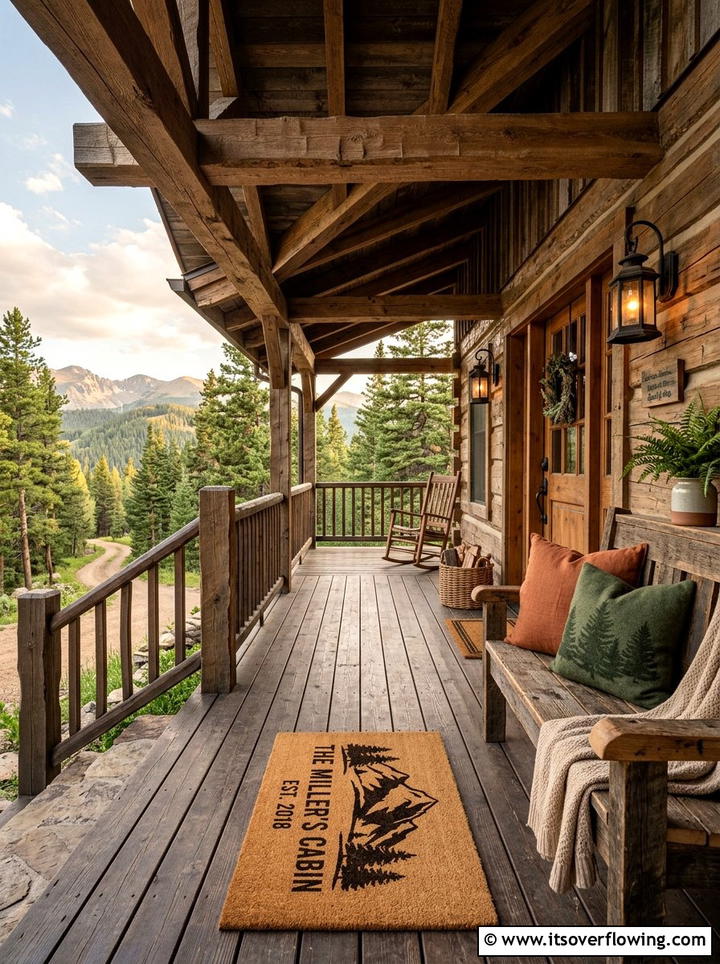 Rustic wood porch - 25 front porch ideas with personalized mat