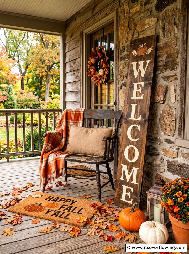 Rustic wood porch sign - 25 front porch ideas with holiday doormat